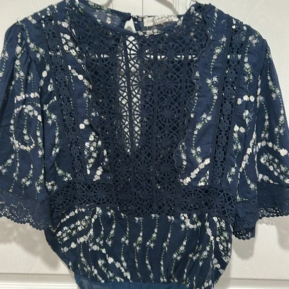 FREE PEOPLE Bali Tate Mixed Media Navy Lace Bodysuit